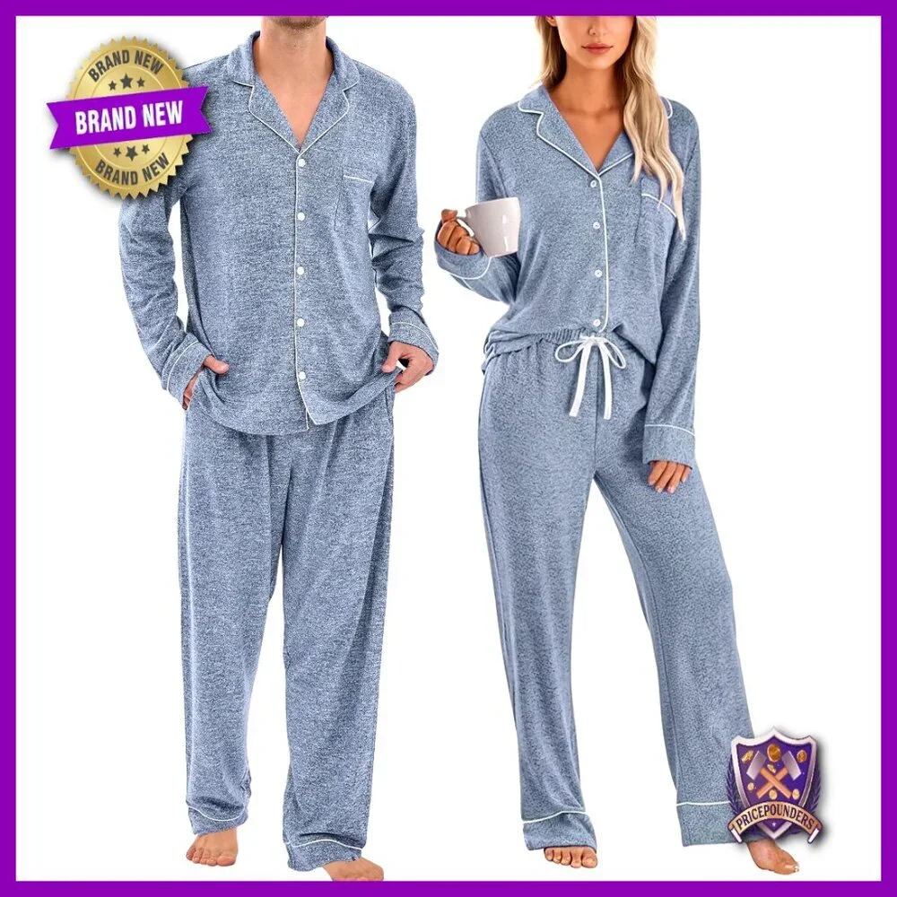 Large Long Sleeve Button Down Pajama Set Soft Polyester Spandex Loungewear